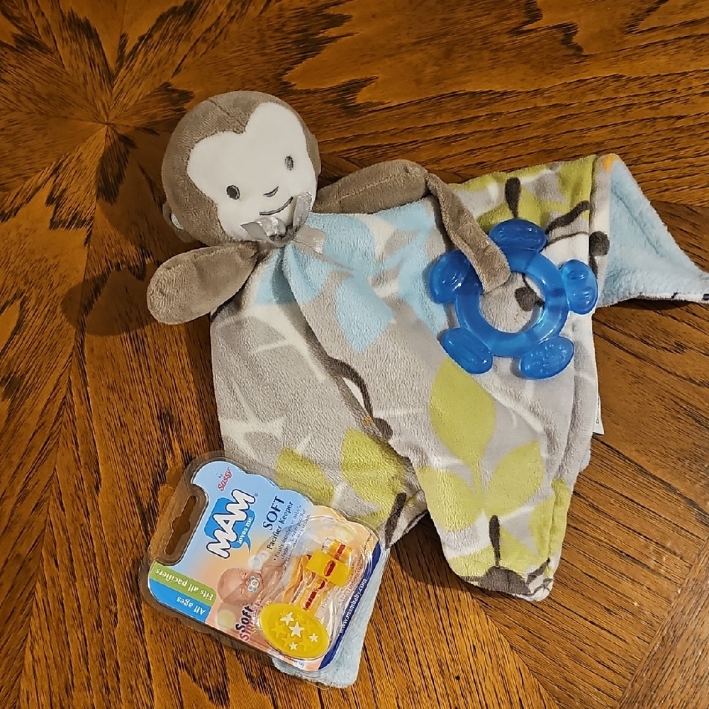 Plush Monkey Comforter Security Blanket with Blue Teether with Pacifier Keeper